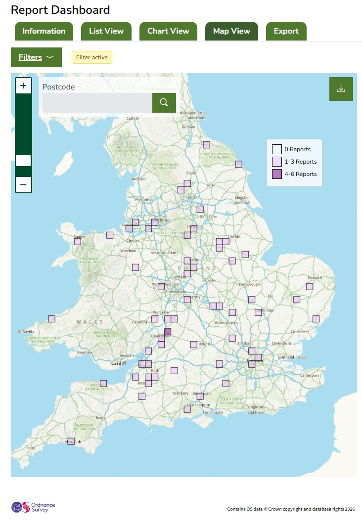 TreeAlert report dashboard showing reports of Cryptostroma corticale since 1st April 2026.